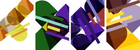 Ilustración de Un vibrante collage de formas geométricas púrpura, violeta, magenta que incluye rectángulos, triángulos y patrones sobre un fondo blanco, mostrando artes creativas y diferentes tintes y tonos - Imagen libre de derechos