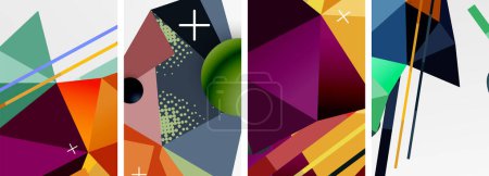 Ilustración de Un vibrante collage de coloridas formas geométricas en tonos púrpura, violeta y magenta sobre un fondo blanco. Un producto de artes creativas con rectángulos y triángulos - Imagen libre de derechos