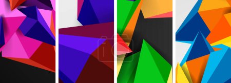 Ilustración de Una fila de triángulos vívidamente coloreados, incluyendo violeta, magenta y otros tintes, están alineados sobre un fondo blanco. Este patrón colorido crea una exhibición artística en el lienzo rectangular - Imagen libre de derechos