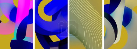 Ilustración de Un collage de cuatro pinturas abstractas con azul, azul eléctrico, violeta, y tintes y tonos. Cada pieza rectangular muestra patrones y materiales únicos - Imagen libre de derechos
