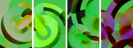 Illustration for A vibrant green and purple swirl design resembling terrestrial plant leaves or a tire tread pattern, set against a green background, forming artistic circles and rectangles with a glasslike finish - Royalty Free Image