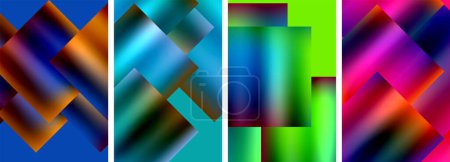 Illustration for A vibrant collection of four abstract backgrounds featuring colorful squares in shades of azure, aqua, magenta, and electric blue, showcasing symmetry and patterns - Royalty Free Image