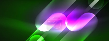 Ilustración de Las vibrantes líneas de neón bailan sobre un fondo verde oscuro, iluminando la coloración del agua, las flores, los pétalos en tonos púrpura, violeta, magenta y azul eléctrico. - Imagen libre de derechos