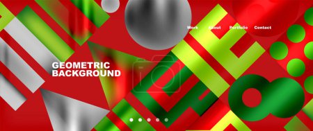 Ilustración de Un fondo geométrico rojo, verde y blanco con un tema navideño con un patrón azul eléctrico líquido. Diseño de primer plano con círculos y toques de magenta y carmín - Imagen libre de derechos