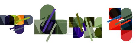 Ilustración de Una mezcla ecléctica de formas vibrantes como rectángulos púrpura, círculos azules eléctricos y círculos magenta estallan sobre un fondo blanco limpio, creando una composición inspirada en el arte moderno - Imagen libre de derechos