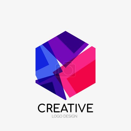 Illustration for A vibrant logo design featuring triangles, rectangles, circles, and a bold font in electric blue and magenta. The pattern resembles a fashion accessory, with a trendy diagram theme - Royalty Free Image