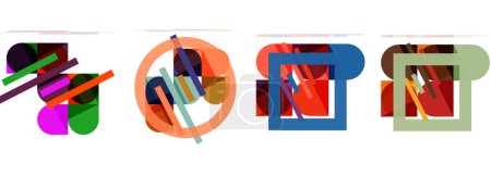 Varios objetos coloridos como rectángulos, círculos y logotipos se apilan sobre un fondo blanco, creando una pantalla de arte azul eléctrico, magenta y naranja con gráficos modernos para una marca.