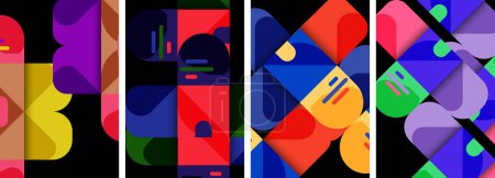 Ilustración de Patrones geométricos vibrantes con rectángulos y triángulos en tonos azules eléctricos, creando un diseño simétrico y colorido sobre un fondo textil negro - Imagen libre de derechos