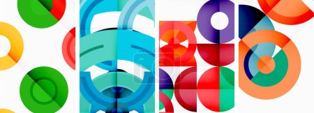 Ilustración de Un producto que muestra una obra de arte con un patrón de círculos de colores en azul eléctrico y magenta sobre un fondo azul, creando simetría y contraste con rectángulos y fuentes únicas - Imagen libre de derechos
