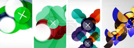 Ilustración de El proyecto de artes creativas cuenta con cuatro círculos de colores diferentes, cada uno con una x en ellos. Los círculos son verdes, rojos, magenta, y un círculo modelado que se asemeja a una corbata de lazo - Imagen libre de derechos