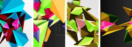 Se muestra una fila de cuatro triángulos de colores, que muestran una variedad de tintes y tonos. La simetría y el patrón en la obra de arte forman un despliegue creativo de formas geométricas