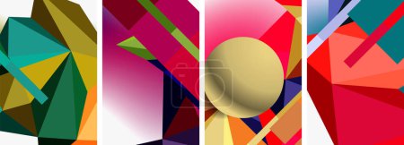 Illustration for An array of vibrant geometric shapes like rectangles, circles, and patterns in tints and shades of magenta and electric blue, creating a visually stunning art display - Royalty Free Image