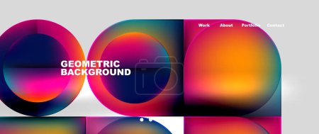 Illustration for A vibrant geometric background featuring circles and squares in colors like violet, magenta, electric blue. It exudes a sense of colorfulness and energy, reminiscent of automotive lighting - Royalty Free Image