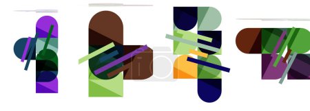Ilustración de Una colección vibrante de formas geométricas en violeta, magenta y azul eléctrico sobre un fondo blanco. Los patrones se asemejan a una obra de arte organismo de madera a estrenar en un diseño de fuente moderno - Imagen libre de derechos