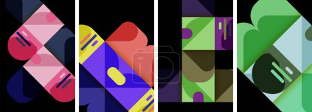 Téléchargez les illustrations : Un collage vibrant mettant en valeur quatre formes géométriques dans des tons vibrants de violet et de magenta sur un fond sombre, créant une œuvre d'art visuellement frappante et colorée - en licence libre de droit
