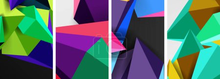 Illustration for A colorful collage featuring four different colored triangles Purple, Azure, Violet, and Magenta against a white background. The geometric shapes create a modern textile design - Royalty Free Image