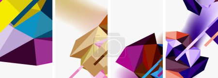 Téléchargez les illustrations : Une œuvre d'art créative présentant un collage de formes géométriques colorées telles que des rectangles, des triangles et des motifs de cils dans des tons de violet, de magenta et de teintes sur fond blanc - en licence libre de droit