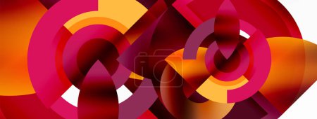 Ilustración de Los vibrantes círculos y flechas de color púrpura, violeta y rosa crean un animado fondo abstracto sobre un lienzo blanco. Una mezcla artística de pétalos magenta y fuente en negrita. Entretenimiento y diversión vibraciones evento - Imagen libre de derechos