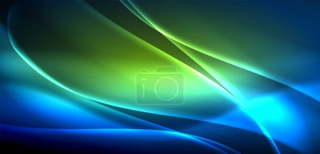 Téléchargez les illustrations : Une vague de liquide bleu néon et vert vif sur fond sombre, ressemblant à un ciel coloré avec des notes de pourpre et de violet - en licence libre de droit