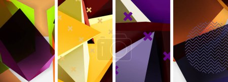 Ilustración de Un vibrante collage de formas geométricas púrpura, violeta, magenta y madera creando un patrón ingenioso. Rectángulos, triángulos y fuentes únicas se unen en el suelo - Imagen libre de derechos