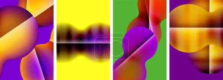 Téléchargez les illustrations : Un collage vibrant d'images abstraites colorées avec des nuances de violet, violet, magenta et bleu électrique disposées dans une disposition symétrique sur un fond blanc - en licence libre de droit