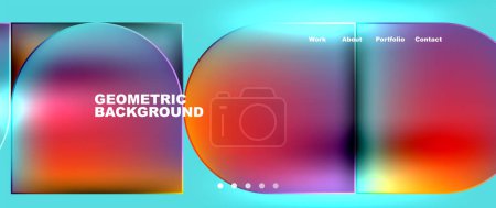 Illustration for Vibrant circles and squares in shades of orange and electric blue create a colorful geometric background on a liquidlike blue backdrop - Royalty Free Image