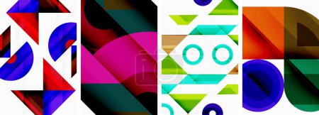 Ilustración de Producto con un patrón vibrante de formas geométricas coloridas que incluyen rectángulos, triángulos y tonos de aguamarina y magenta sobre un fondo textil blanco, inspirado en el arte y el diseño de fuentes - Imagen libre de derechos
