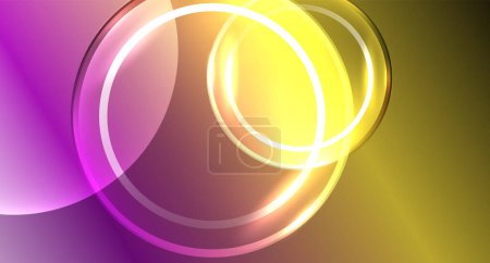 Ilustración de Varios círculos están suspendidos en el aire sobre un vibrante fondo púrpura y amarillo, que se asemeja a gotitas líquidas o reflejos de iluminación automotriz - Imagen libre de derechos