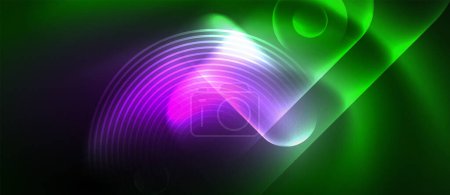 Illustration for A mesmerizing visual effect lighting featuring a glowing green and purple wave on a dark background, resembling neon gas in water, creating an artistic blend of colorfulness and vibrancy - Royalty Free Image