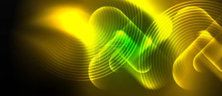 Téléchargez les illustrations : Une vague colorée d'éclairage jaune et vert sur un fond sombre ressemblant à un motif végétal ou gazeux terrestre avec des cercles symétriques créant un effet visuel envoûtant - en licence libre de droit