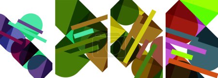 Ilustración de Un vibrante collage de formas geométricas que incluye rectángulos, triángulos y formas similares a hojas sobre un fondo blanco. Esta composición artística encarna la creatividad y el uso audaz de tintes y sombras - Imagen libre de derechos