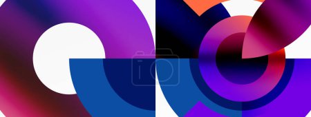 Ilustración de La colorida obra de arte presenta una vibrante mezcla de círculos púrpura, violeta, magenta y azul eléctrico sobre un fondo blanco, creando un diseño dinámico y llamativo. - Imagen libre de derechos