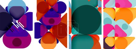 Ilustración de Un producto textil vibrante que muestra una variedad de formas geométricas coloridas sobre un fondo blanco. El diseño presenta círculos azules eléctricos, rectángulos y pétalos en un patrón simétrico - Imagen libre de derechos