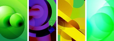 Téléchargez les illustrations : Un collage vibrant avec quatre images de couleurs différentes avec une boule verte au milieu. Couleurs comprennent violet, violet, magenta et bleu électrique, créant un design coloré et artistique - en licence libre de droit