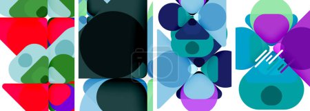 Téléchargez les illustrations : Collage vibrant de formes géométriques pourpre, aqua, bleu électrique et magenta en motif circulaire sur fond blanc. Réminiscence d'un personnage de fiction dans une œuvre d'art animé - en licence libre de droit