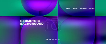 Illustration for A colorful geometric background featuring purple and green circles, squares, and rectangles in shades of violet, magenta, and electric blue - Royalty Free Image
