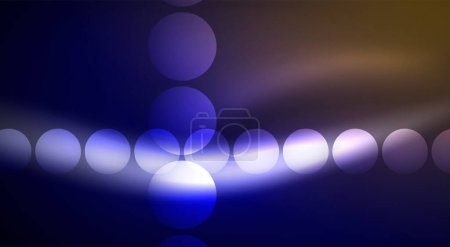 Ilustración de Un patrón artístico de círculos eléctricos azules y violetas que se asemejan a una bengala de lente sobre un fondo azul oscuro, que recuerda al cielo y al agua. - Imagen libre de derechos