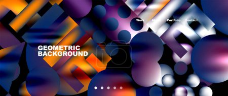 Illustration for Colorful geometric background featuring circles and squares in shades of purple, violet, magenta, and electric blue. The pattern creates an energetic and dynamic feel for any event - Royalty Free Image