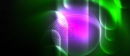 Téléchargez les illustrations : Des lignes fluo vibrantes dans des couleurs comme le vert, le violet, le magenta et le violet créent une œuvre d'art symétrique sur un fond sombre. Cercles et formes de plantes terrestres brillent avec des teintes gazeuses - en licence libre de droit