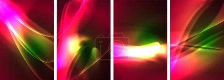 Illustration for A vibrant display of four colorful glowing waves on a dark background, featuring tints and shades of violet and magenta. This digital pattern showcases the beauty of colorfulness and technology - Royalty Free Image