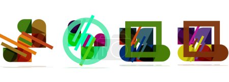 Ilustración de Una vibrante mezcla de iconos coloridos que incluyen rectángulos, círculos e iluminación automotriz en tonos azul eléctrico, magenta y violeta, creando un logotipo audaz e ingenioso para una marca - Imagen libre de derechos