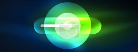 Illustration for An electric blue circle representing an astronomical object with a lens flare coming out of it, set against a dark background. A beautiful blend of gas and space art captured in macro photography - Royalty Free Image