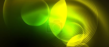 Téléchargez les illustrations : Une macro photographie d'un motif de cercle vert et jaune vibrant sur un fond noir, ressemblant à du gaz et du liquide bleu électrique. L'éclairage à effet visuel crée une vue rapprochée artistique - en licence libre de droit