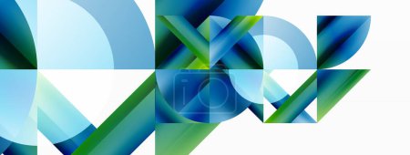 Ilustración de Un patrón geométrico vibrante con círculos azules eléctricos y pétalos verdes sobre un fondo blanco, que recuerda a una pieza de arte acuarela - Imagen libre de derechos