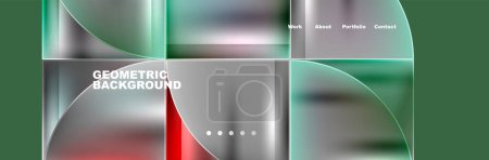 Illustration for A fluid geometric background featuring squares and circles in shades of green, reminiscent of automotive lighting. The material properties mimic glass, with hints of magenta for contrast - Royalty Free Image