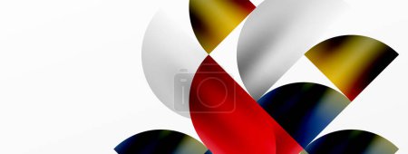 Ilustración de Un patrón artístico de cintas rojas, blancas y amarillas inspirado en un diseño pétalo, con una fuente que se asemeja a un delicado círculo de vidrio sobre un fondo blanco - Imagen libre de derechos