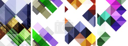Illustration for A creative arts piece featuring four squares in purple, violet, magenta, and white with a mix of triangles and rectangles, showcasing symmetrical patterns and artistic font styles - Royalty Free Image