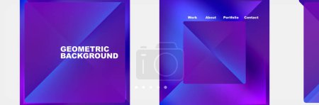 Illustration for A collection of purple and blue geometric backgrounds featuring rectangles, symmetry, and technologyinspired designs in shades of violet, magenta, azure, and electric blue - Royalty Free Image