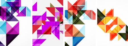 Une ?uvre d'art créative avec un collage vibrant de triangles colorés dans des tons de violet, rose, violet et magenta sur un fond blanc, mettant en valeur la symétrie et les propriétés des matériaux