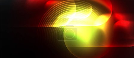 Illustration for An amber automotive lighting swirl reminiscent of a fiery sunset over water, with hints of orange, sky blue, and lens flare adding a touch of heat and gas to the dark background - Royalty Free Image